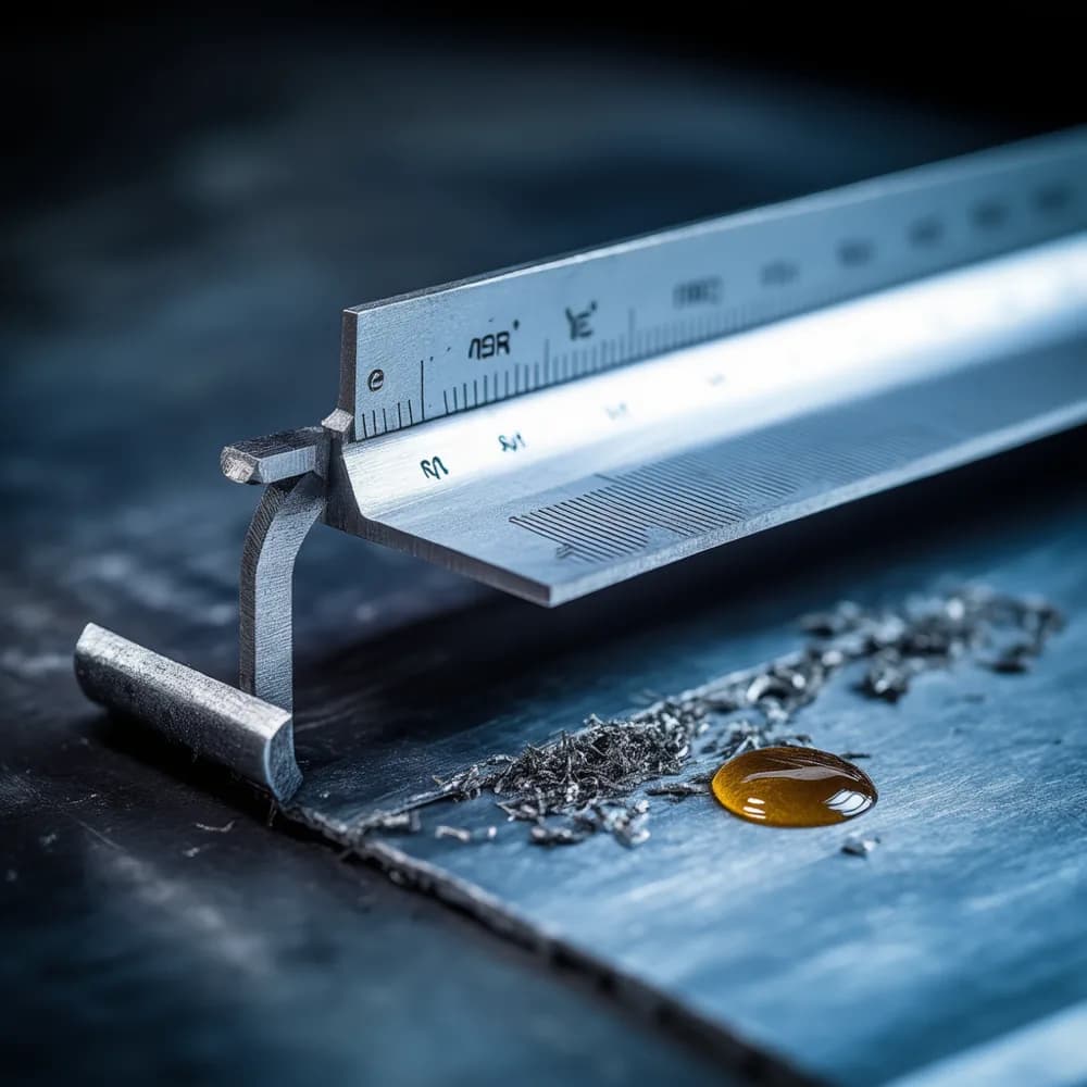 A steel vernier caliper measuring a freshly cut sheet-metal bracket on a workbench