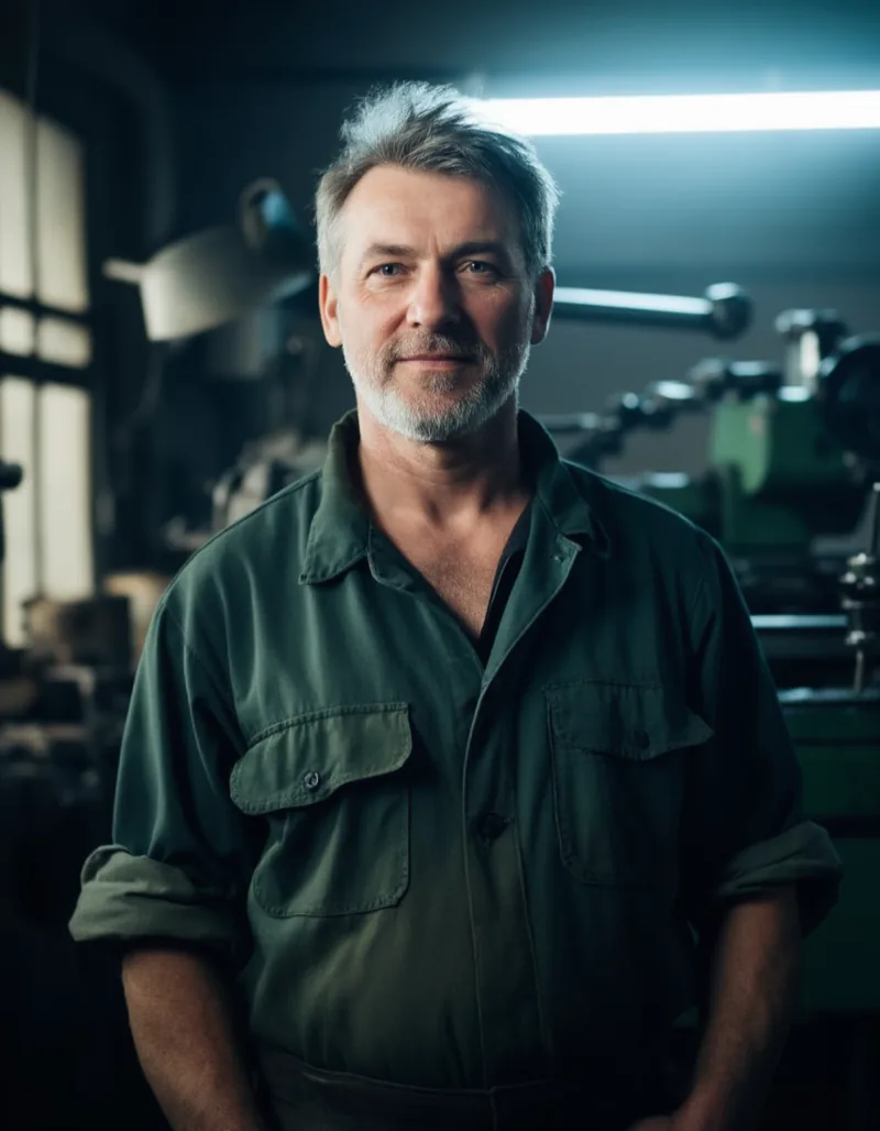 Portrait of Reinhard Keßler, a man in his late fifties in a dark green work shirt, standing in a small machine shop