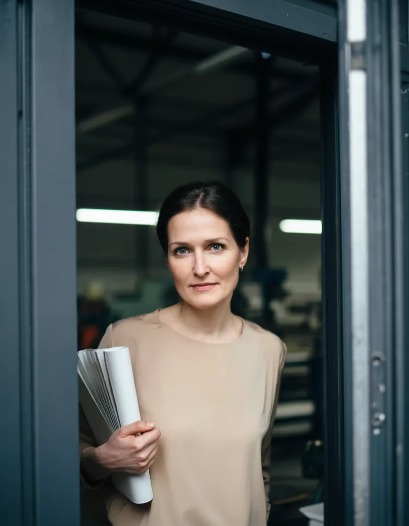 Portrait of Alina Brenner, a woman in her mid forties in a sand-coloured shirt, standing in a workshop office doorway holding a folded drawing