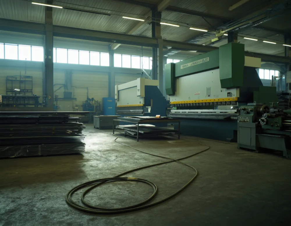 The shop floor of a small metal fabrication business with a press brake, a lathe and stacked steel sheet under neon strip lights