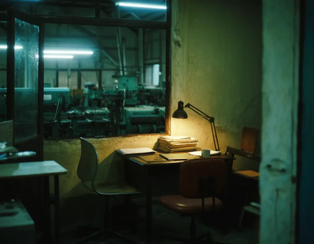 A small works office beside the machine hall with paper folders, a desk lamp and two mismatched chairs